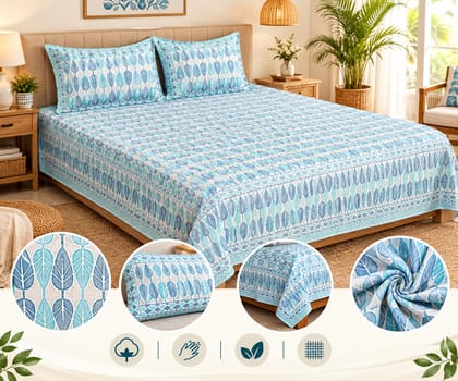 DHRUVINSRI Pure Cotton Hand Block Print Super King Size or XXXL Jumbo Size bedsheet I Blue Color Bedsheet Size 120"*120"t | 2 Pillow Covers-3 Pcs Set+free Bedsheet Storage Box