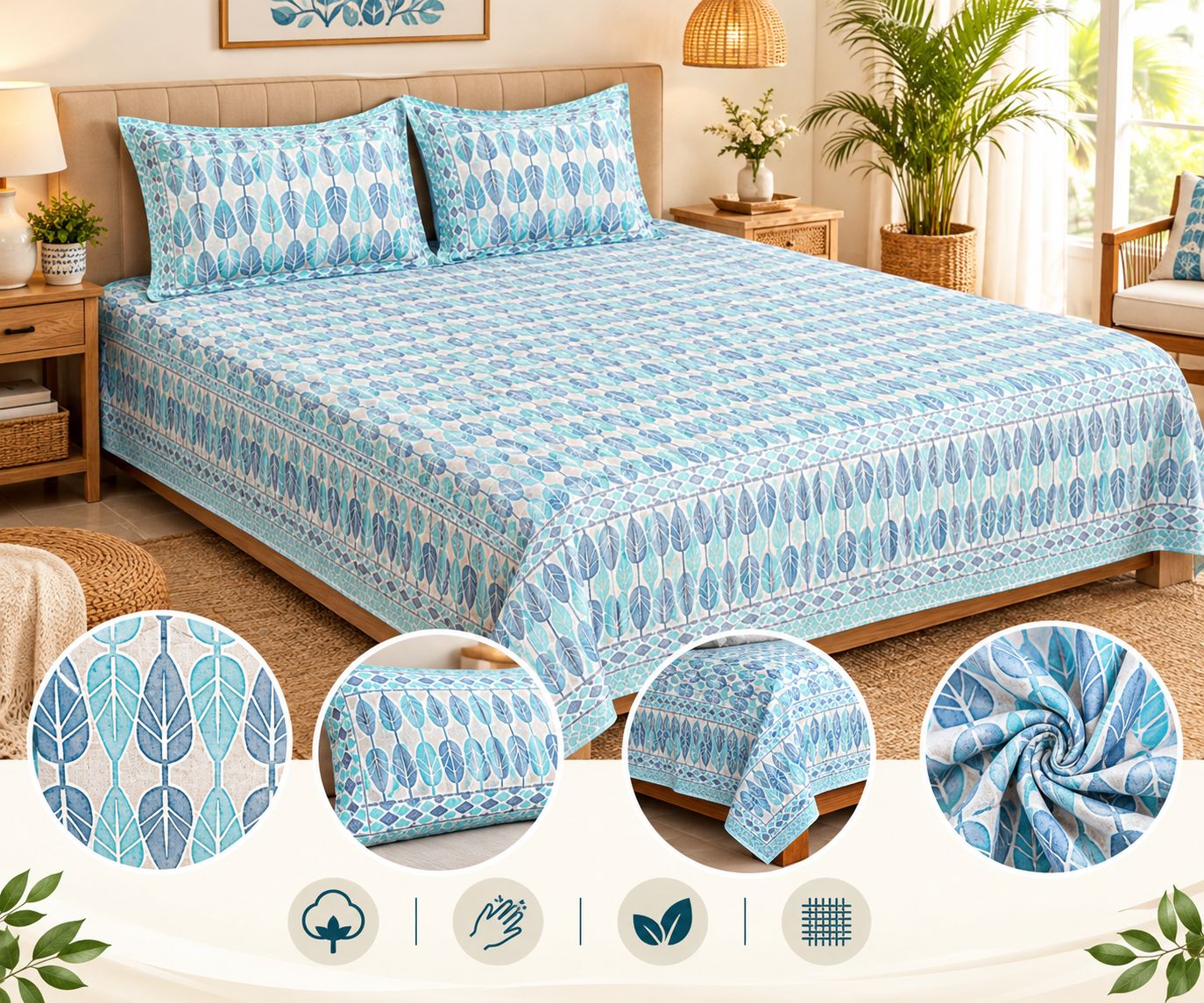 DHRUVINSRI Pure Cotton Hand Block Print Super King Size or XXXL Jumbo Size bedsheet I Blue Color Bedsheet Size 120"*120"t | 2 Pillow Covers-3 Pcs Set+free Bedsheet Storage Box