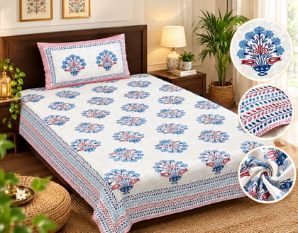 Dhruvinsri Cotton Hand Block Print Floral Pillow Cover – Blue & Red Ethnic Design-2 Pcs Set