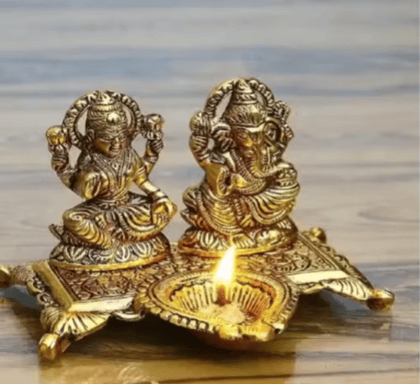 DHRUVINSRI Lakshmi Ganesha with Diya Statue Idol Murti in Metal Decorative Showpiece - 15 cm (Metal, Gold)