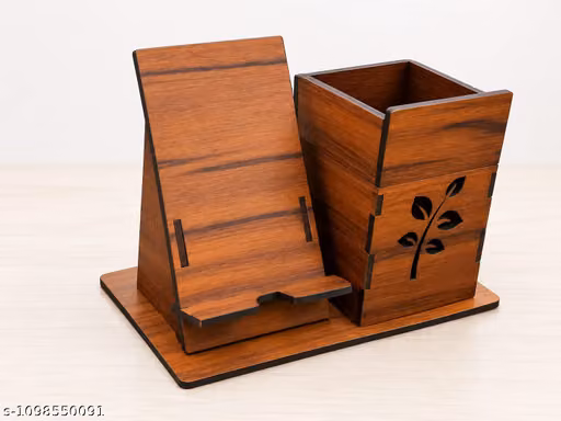 DHRUVINSRI Handcrafted Wooden Pen Holder & Mobile Stand for Office, Home & Study Table, Natural Brown Wood