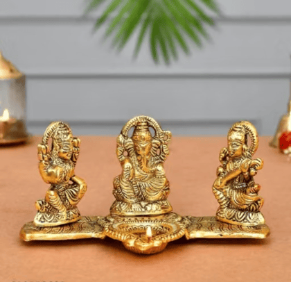 DHRUVINSRI Metal Kela Patta Laxmi Ganesh Saraswati with Diya Statue Idol for Diwali Gift,Home Decor