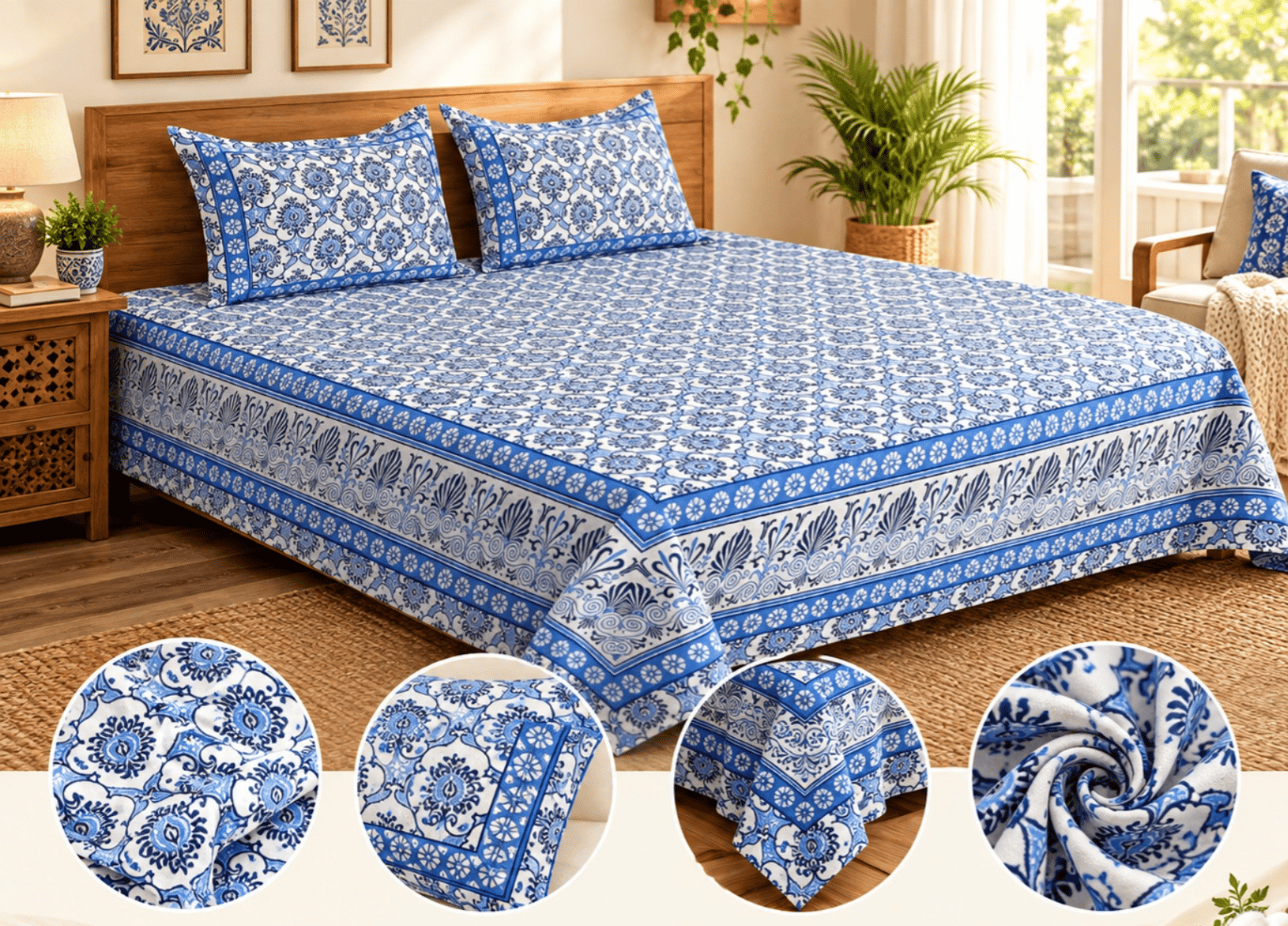 Super King Size or XXXL Jumbo Size bedsheet, Bedcover, Bedspread, Jambo SizeI Blue Color | 120x120" Bedspread with 2 Pillow Covers +Free Bedsheet storage box