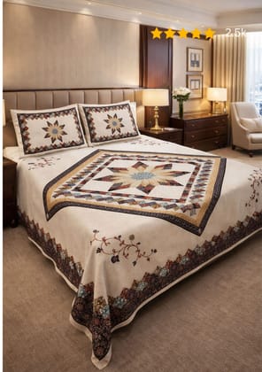 DHRUVINSRI Double King bamboo Cotton Bedsheet Ethnic 100*108 Mandala Print, Natural cotton-Beige Color