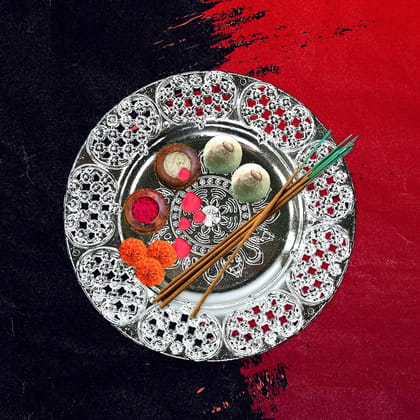 DHRUVINSRI Silver Plated Swastik Pooja Thali Set Glossy Puja Thali