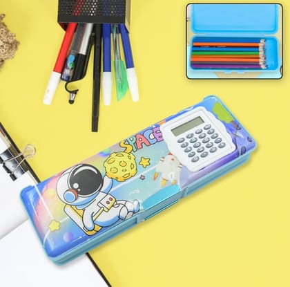 4257 Double Sided Magnetic Geometry Box Pencil Box with Calculator for Boys Art Plastic Pencil Box for Girls and Boys (Blue)