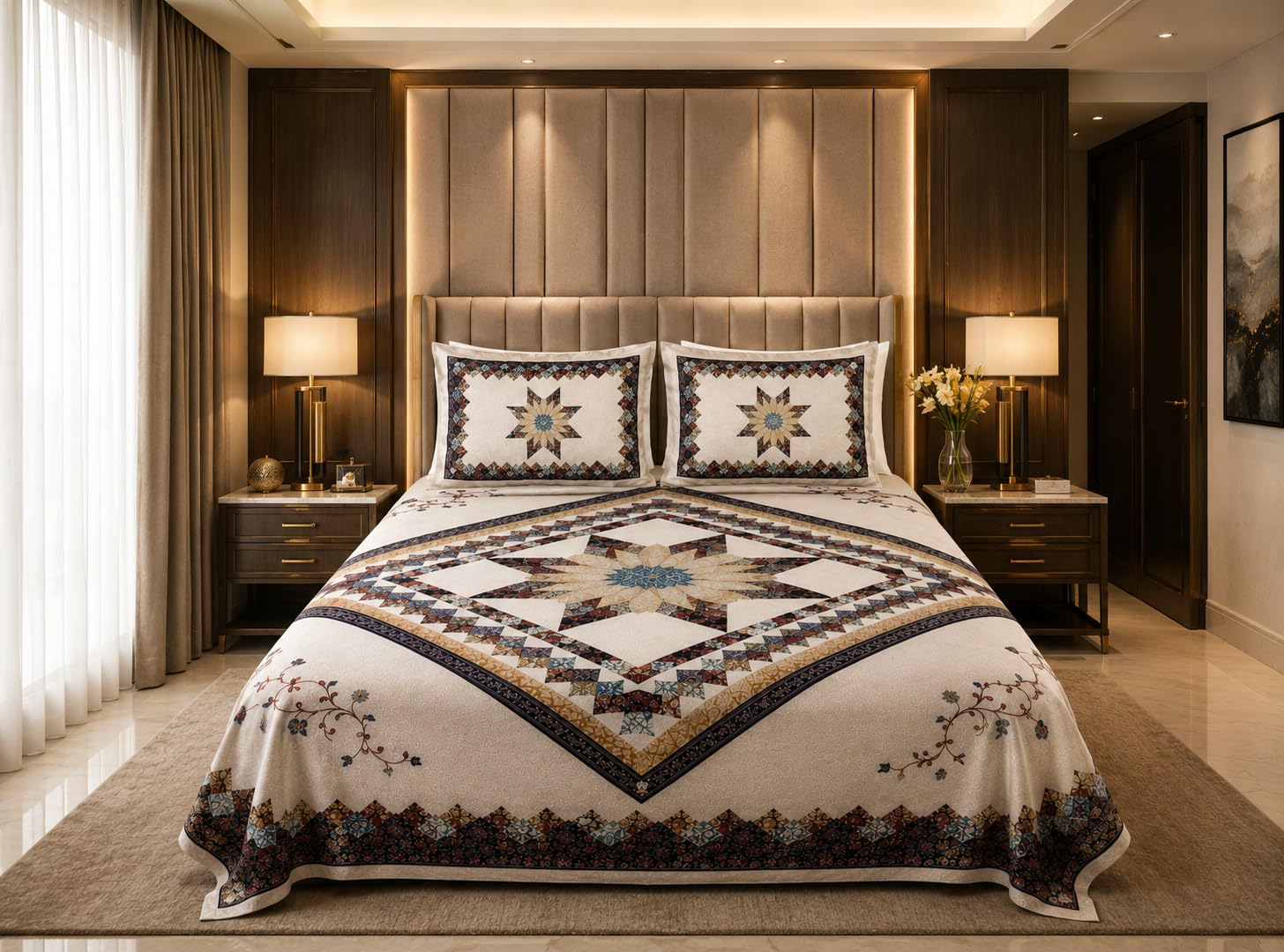 DHRUVINSRI Double King bamboo Cotton Bedsheet Ethnic 100*108 Mandala Print, Natural cotton-Beige Color