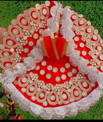 DHRUVINSRIladdu Gopal Heavy Dress Gawn with sudded ZARKHIN Flowers & ZARKHIN LACE Work, krishnaji, kanhaji, thakurji Adjustable Gawn for Ladoo Gopal Ji Idol Size 5&6 Color-RED