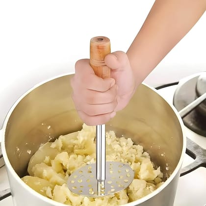 DHRUVINSRI High Grade Stainless Steel Potato Masher Paubhaji/Pav Bhaji Masher with Wooden Handle (1 Pc)