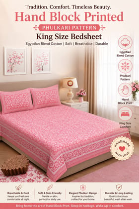 DHRUVINSRI Authentic Quality, Hand Block Print Cotton King Size Bed Bedsheet ,90 X 108 Inches, 2Pillow Covers,  220 TC (Pink)
